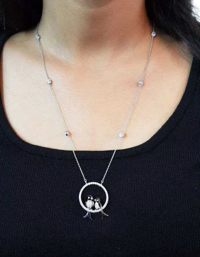 18K White Gold Couple Bird Necklace, Lab Grown Diamond Pendant, Love Birds Circle Design