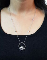 18K White Gold Couple Bird Necklace, Lab Grown Diamond Pendant, Love Birds Circle Design