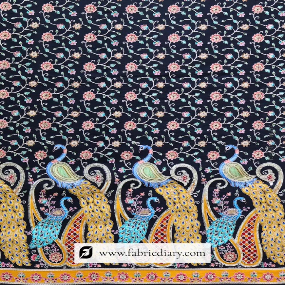 Black Position Print Fabric on Viscose Natural Crepe