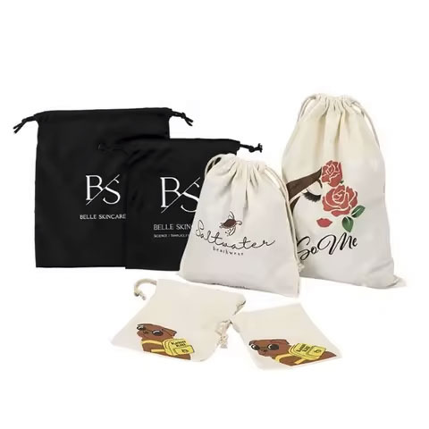 2025 New Arrival High Quality Poly Cotton Fabric Embroidered Drawstring Bags Reusable Grocery Bags Natural Color Cotton Mu