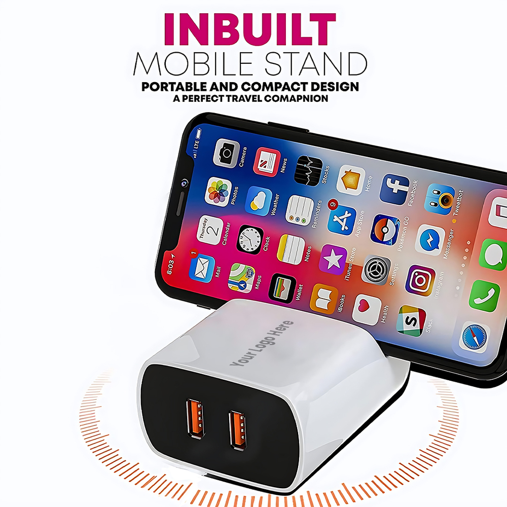 Dual Port Mobile Stand Charger  Fast USB Wall Adapter with Built-In Phone Holder (C 085)