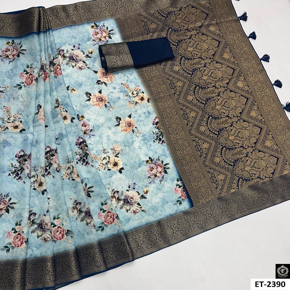 Pastel Roses and Buds BLUE SAREE