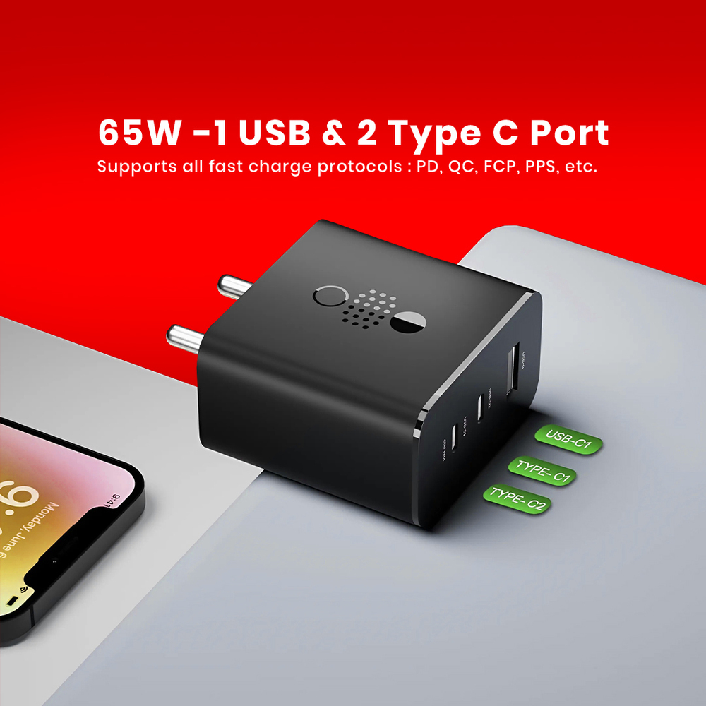 65W GaN Trio Charger Adapter 3-Port Fast Charger for CMF, Nothing, Samsung & More Devices ( C 170)