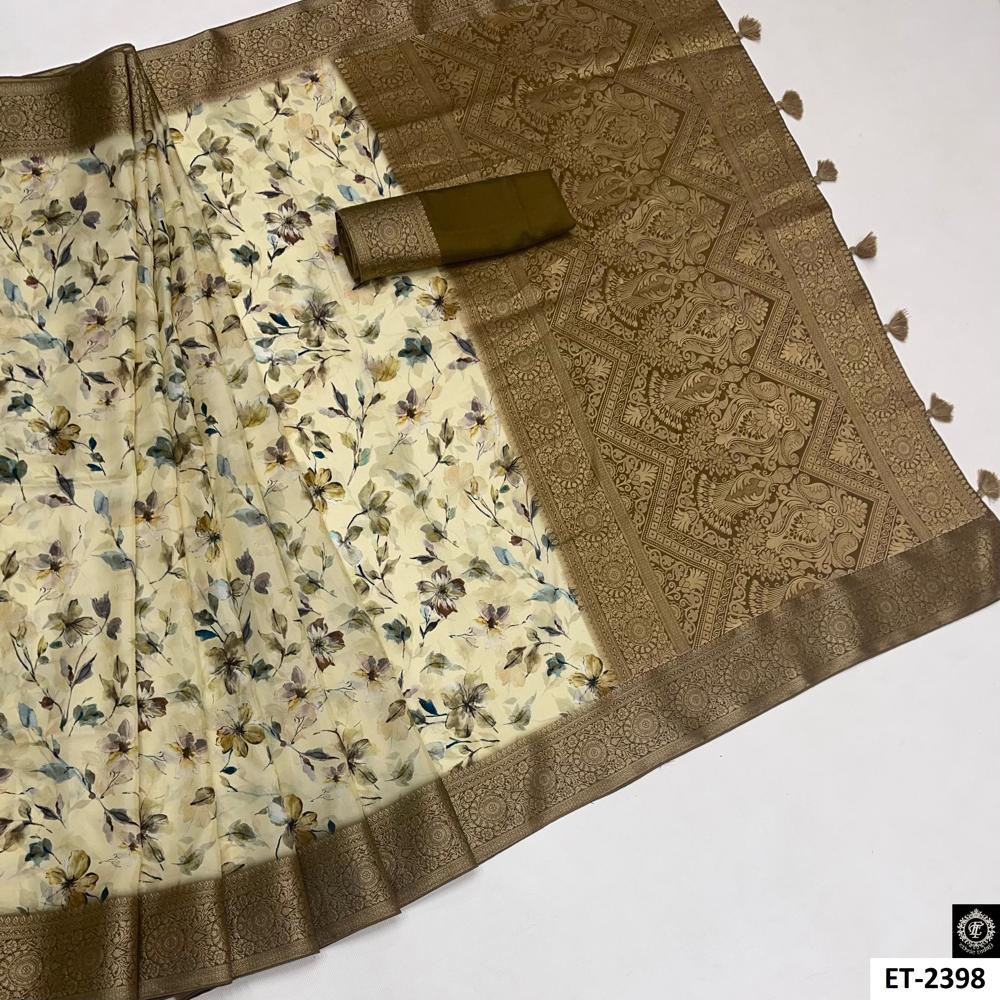 Brown Creamy Floral Viscose Rich Pallu