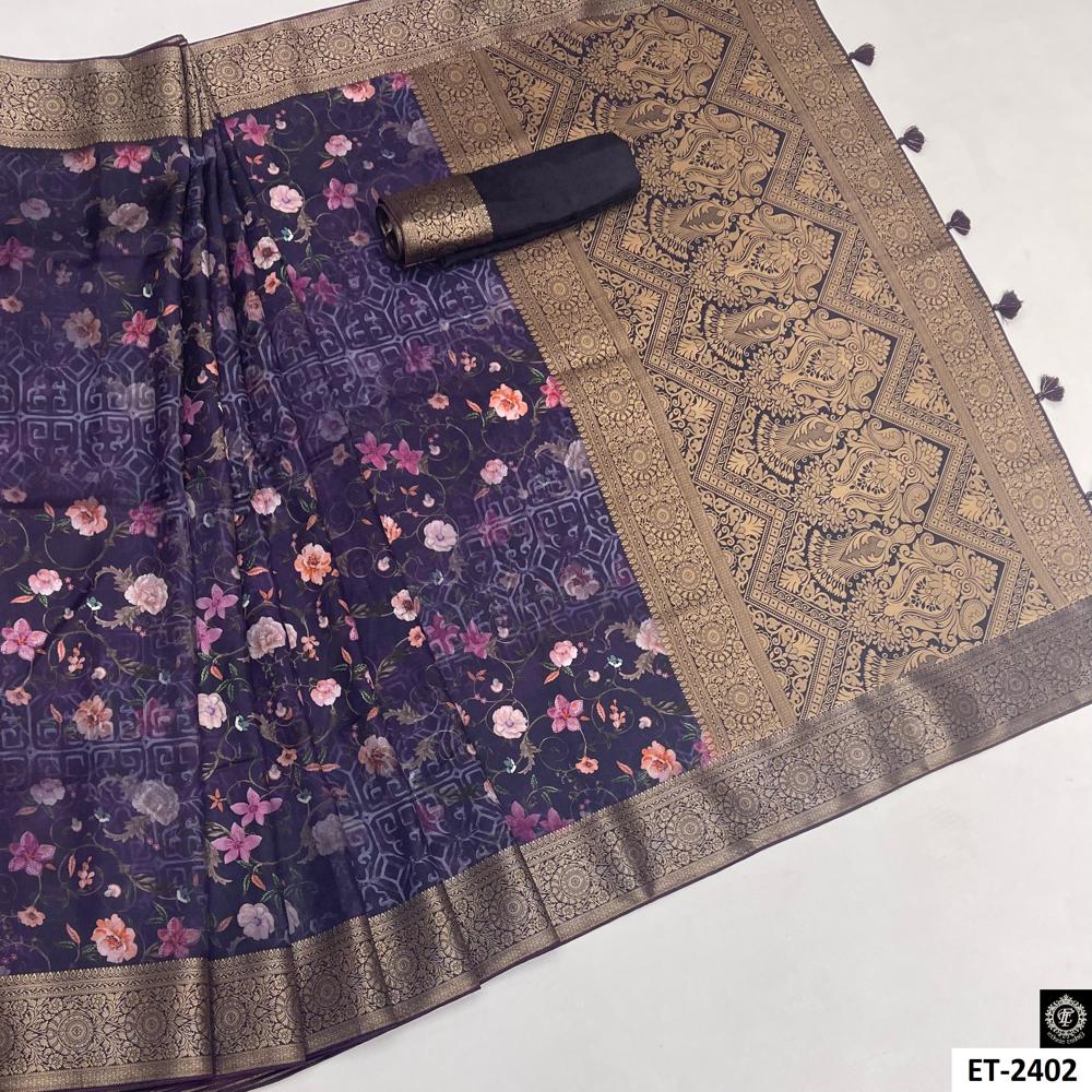 fusion of floral and geometric style saree