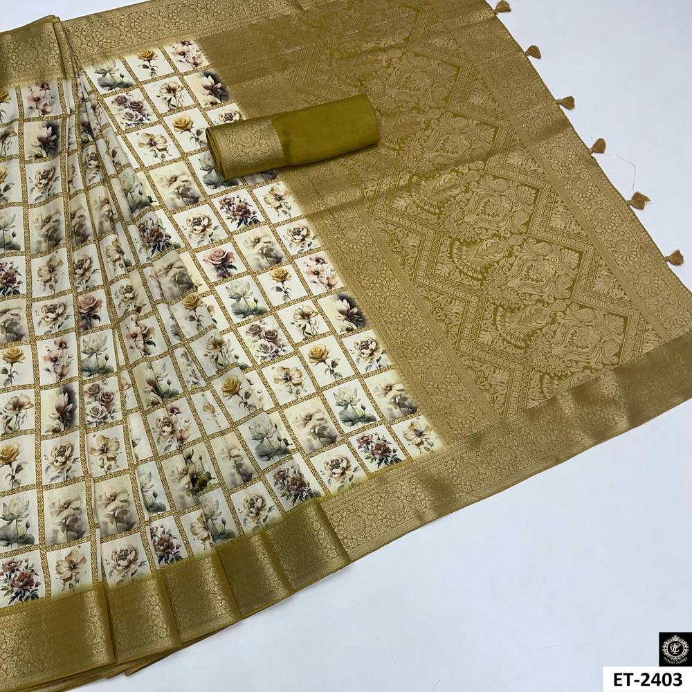 Cream Olive Patchwork Saree - Design: Grid Of Pastel Floral Squares