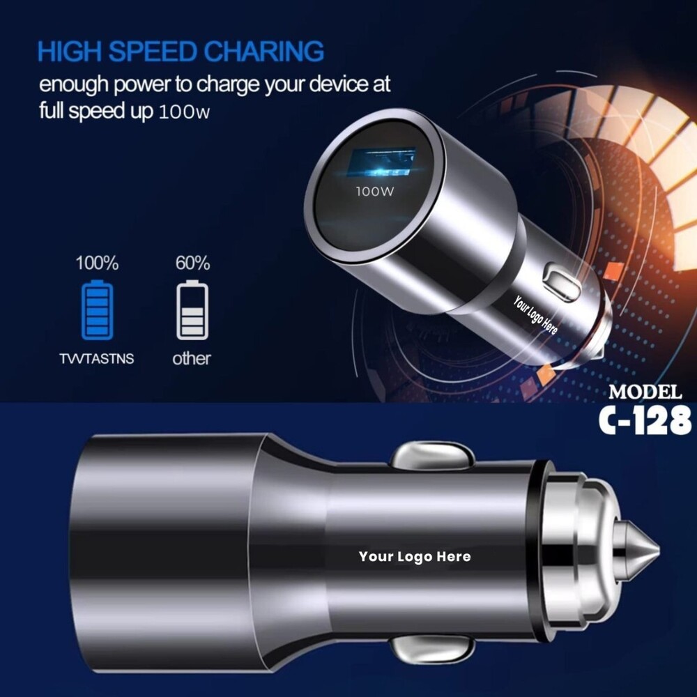 High-Speed 100W Car Charger  Dual Port USB-C Fast Charging for Travel & Commute (C 128)