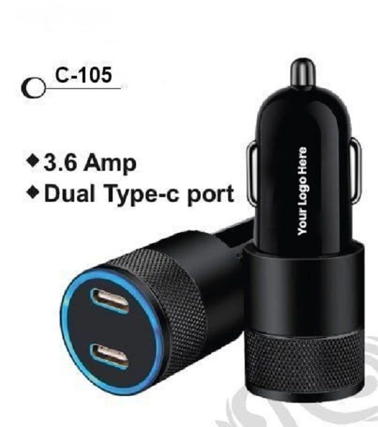 3.6A Dual Type-C Port Car Charger Fast Charging Adapter for Smartphones, Tablets & More (C-105)