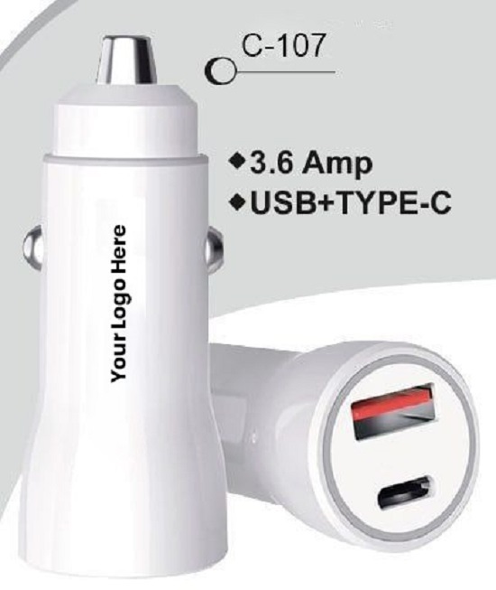 3.6A Dual Port Car Charger  USB + PD Fast Charging Adapter for Smartphones & More (C 107)