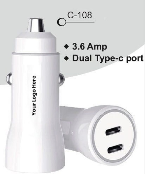 Dual Type-C Port Car Charger 3.6A Fast Charging Adapter for All USB-C Smartphones & Devices. (C 108