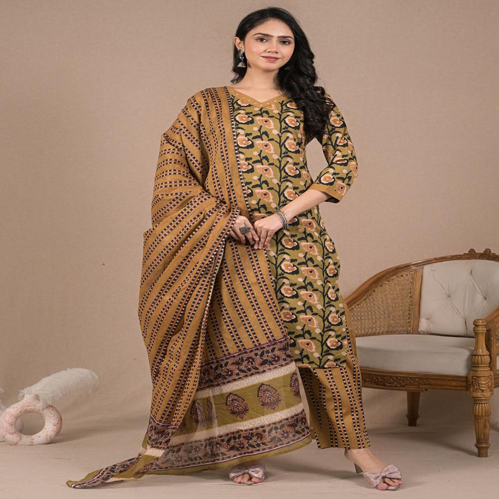 Straight Style Cotton Fabric Green Color Kurta And Bottom With Dupatta