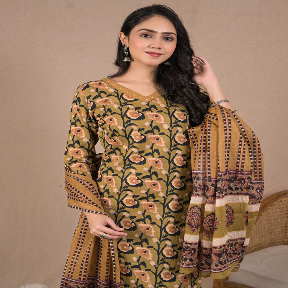Straight Style Cotton Fabric Green Color Kurta And Bottom With Dupatta