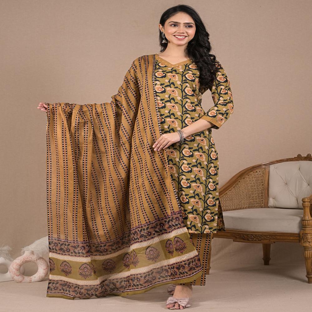 Straight Style Cotton Fabric Green Color Kurta And Bottom With Dupatta