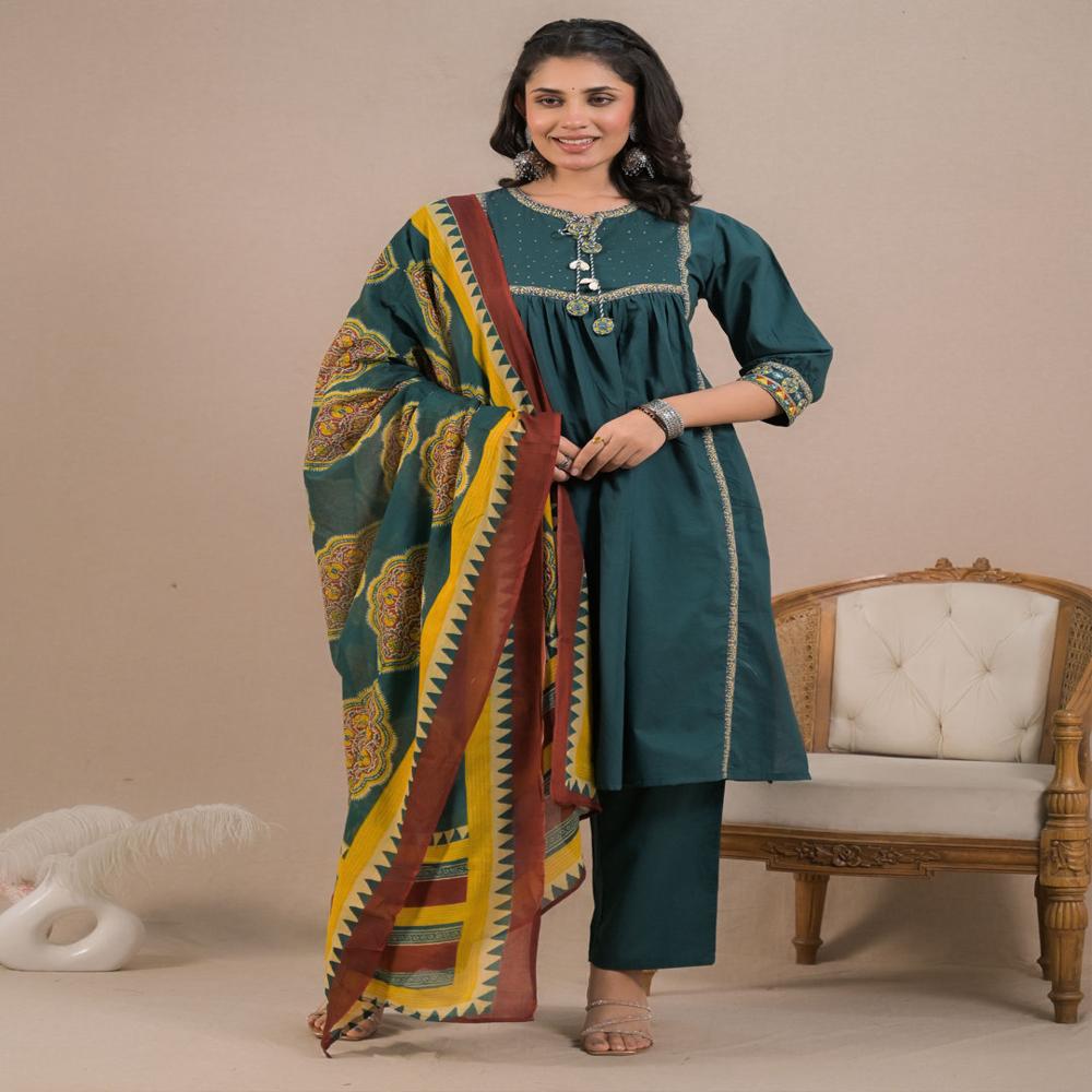 A Line Style Cotton Fabric Green Color Kurta And Bottom With Dupatta