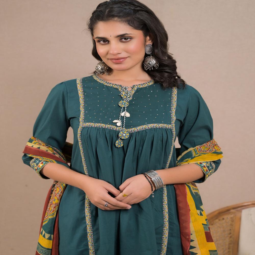 A Line Style Cotton Fabric Green Color Kurta And Bottom With Dupatta