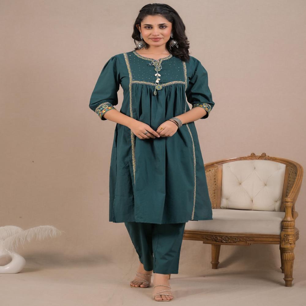 A Line Style Cotton Fabric Green Color Kurta And Bottom With Dupatta