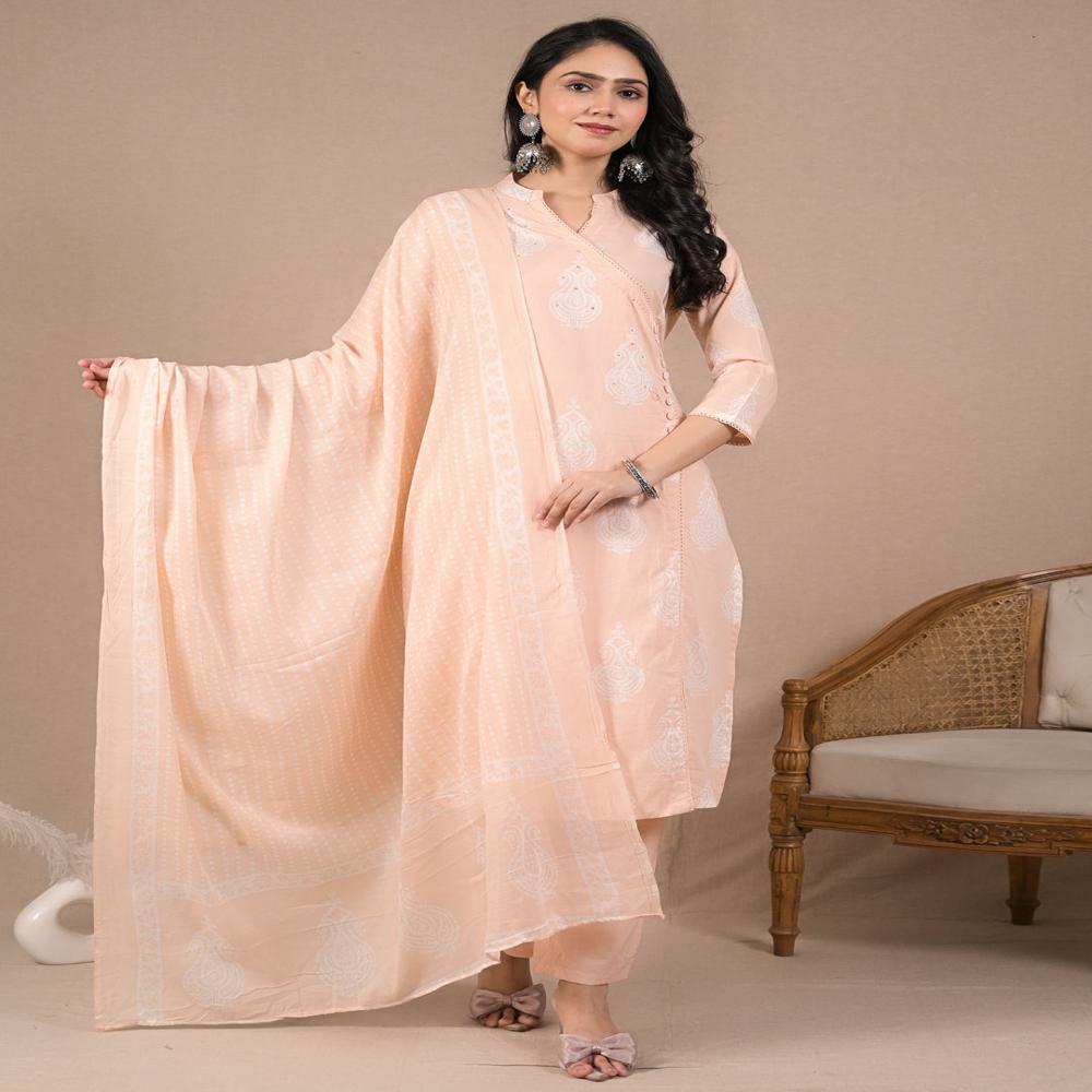 Straight Style Cotton Fabric Peach Color Kurta And Bottom With Dupatta