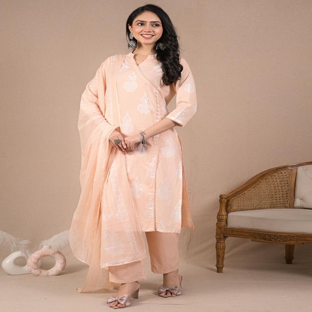 Straight Style Cotton Fabric Peach Color Kurta And Bottom With Dupatta