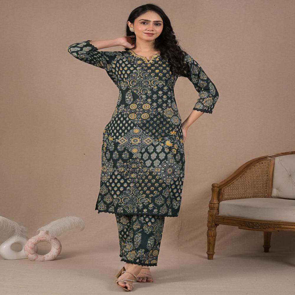 Straight Style Cotton Fabric Green Color Kurta And Bottom 