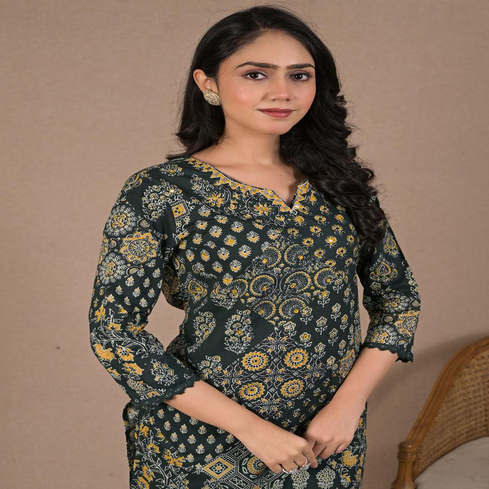 Straight Style Cotton Fabric Green Color Kurta And Bottom 