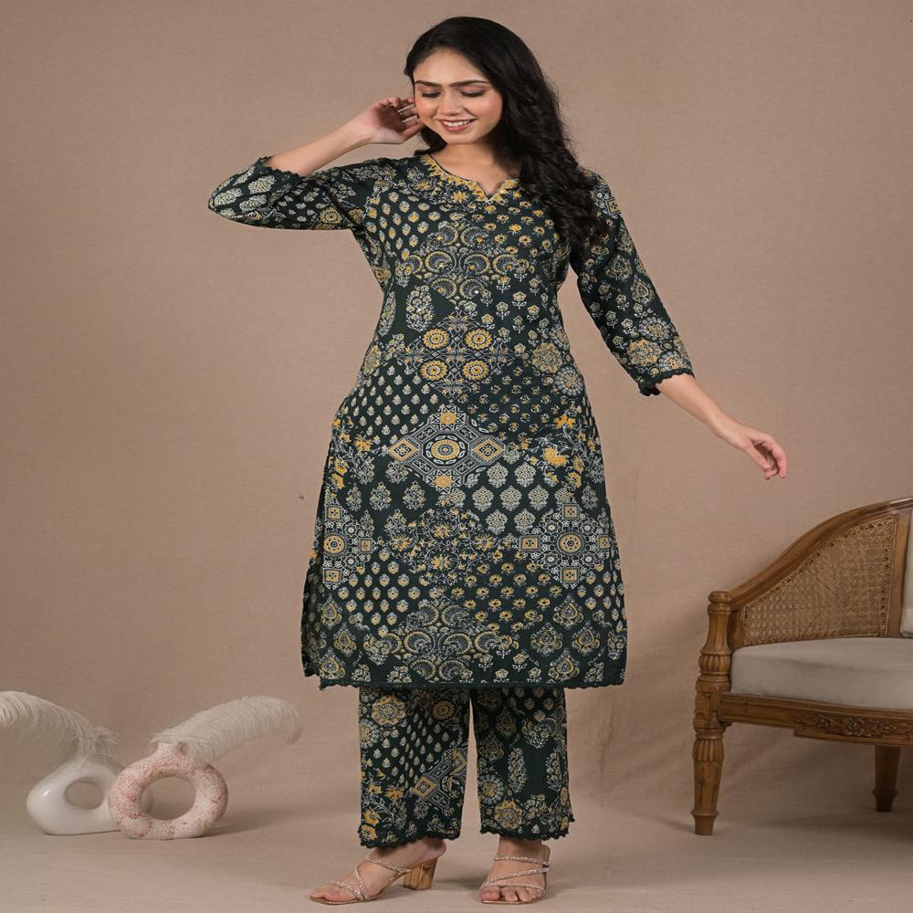 Straight Style Cotton Fabric Green Color Kurta And Bottom 