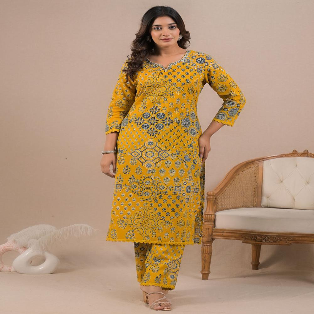 Straight Style Cotton Fabric Mustard Color Kurta And Bottom 