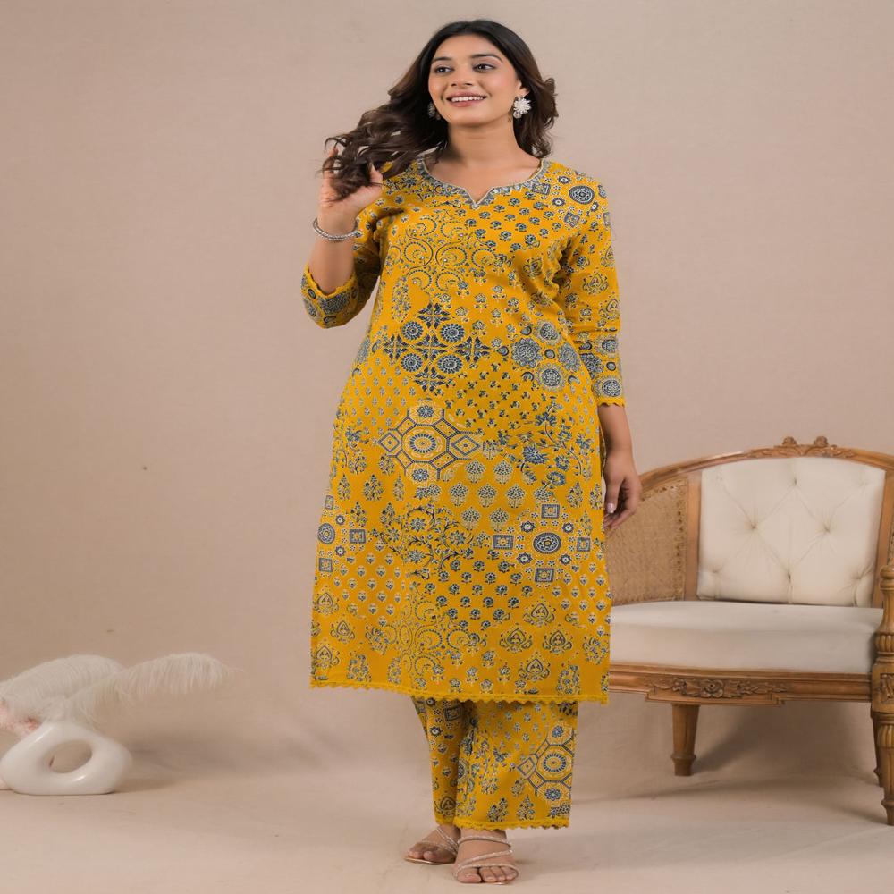 Straight Style Cotton Fabric Mustard Color Kurta And Bottom 