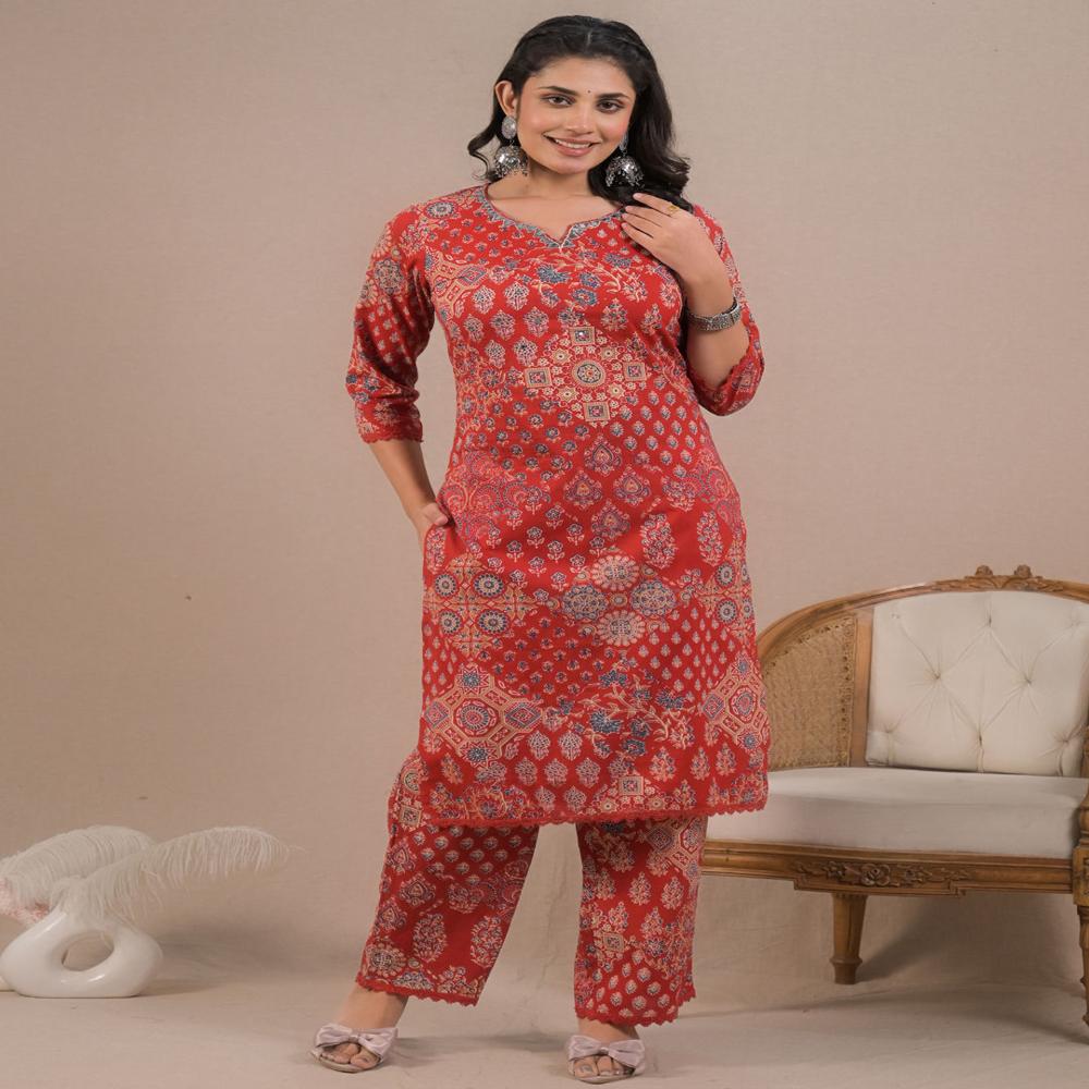 Straight Style Cotton Fabric Red Color Kurta And Bottom 
