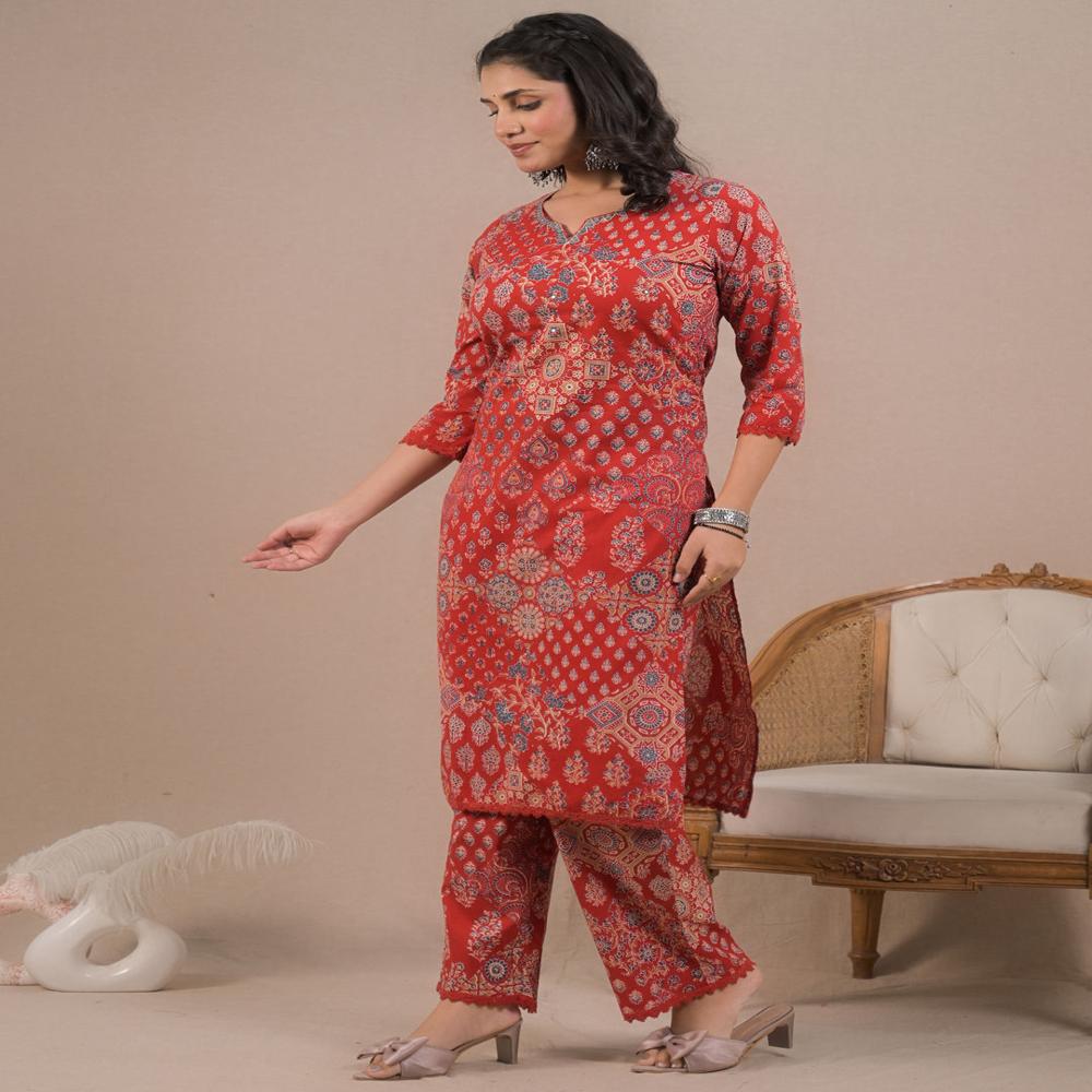 Straight Style Cotton Fabric Red Color Kurta And Bottom 