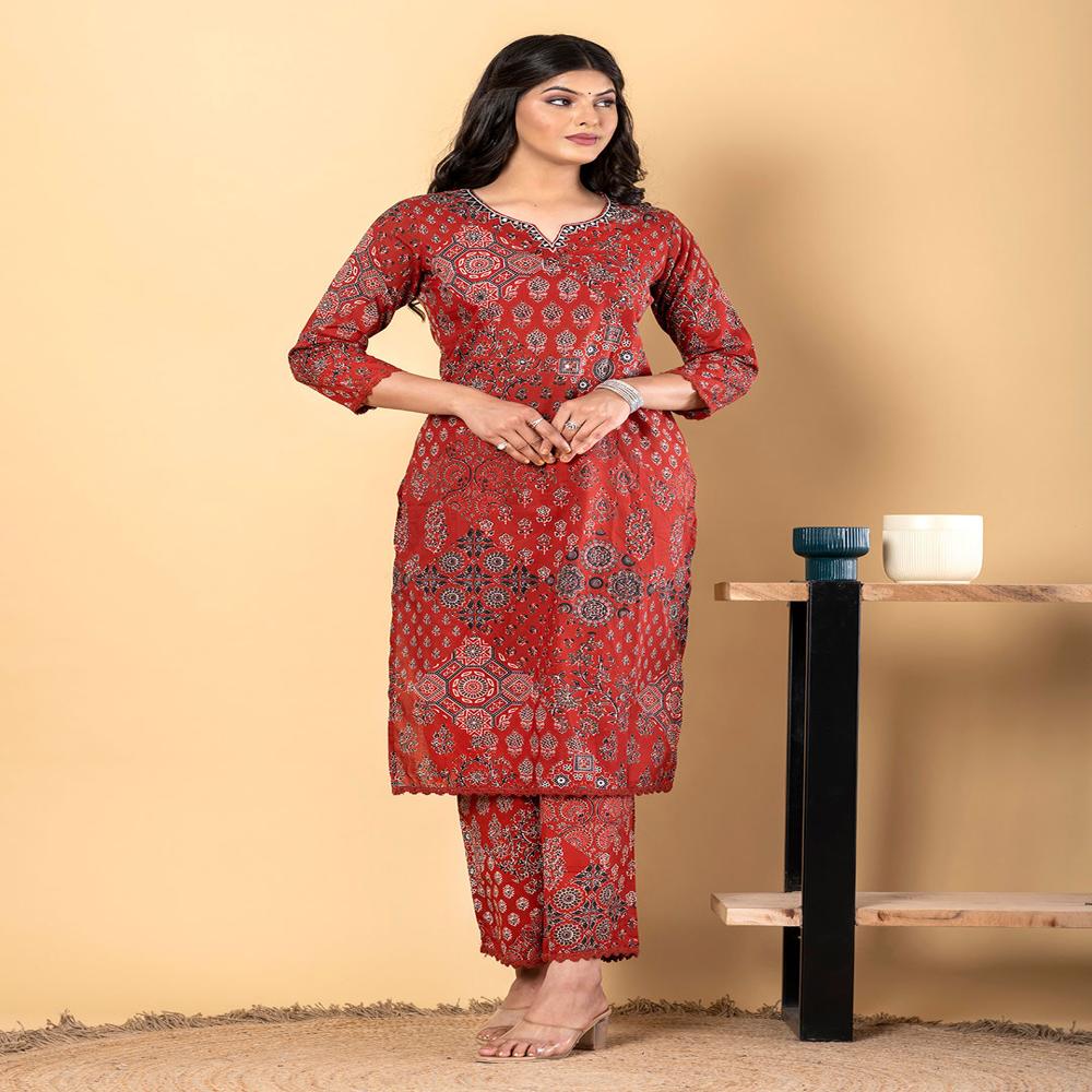 Straight Style Cotton Fabric Maroon Color Kurta And Bottom 