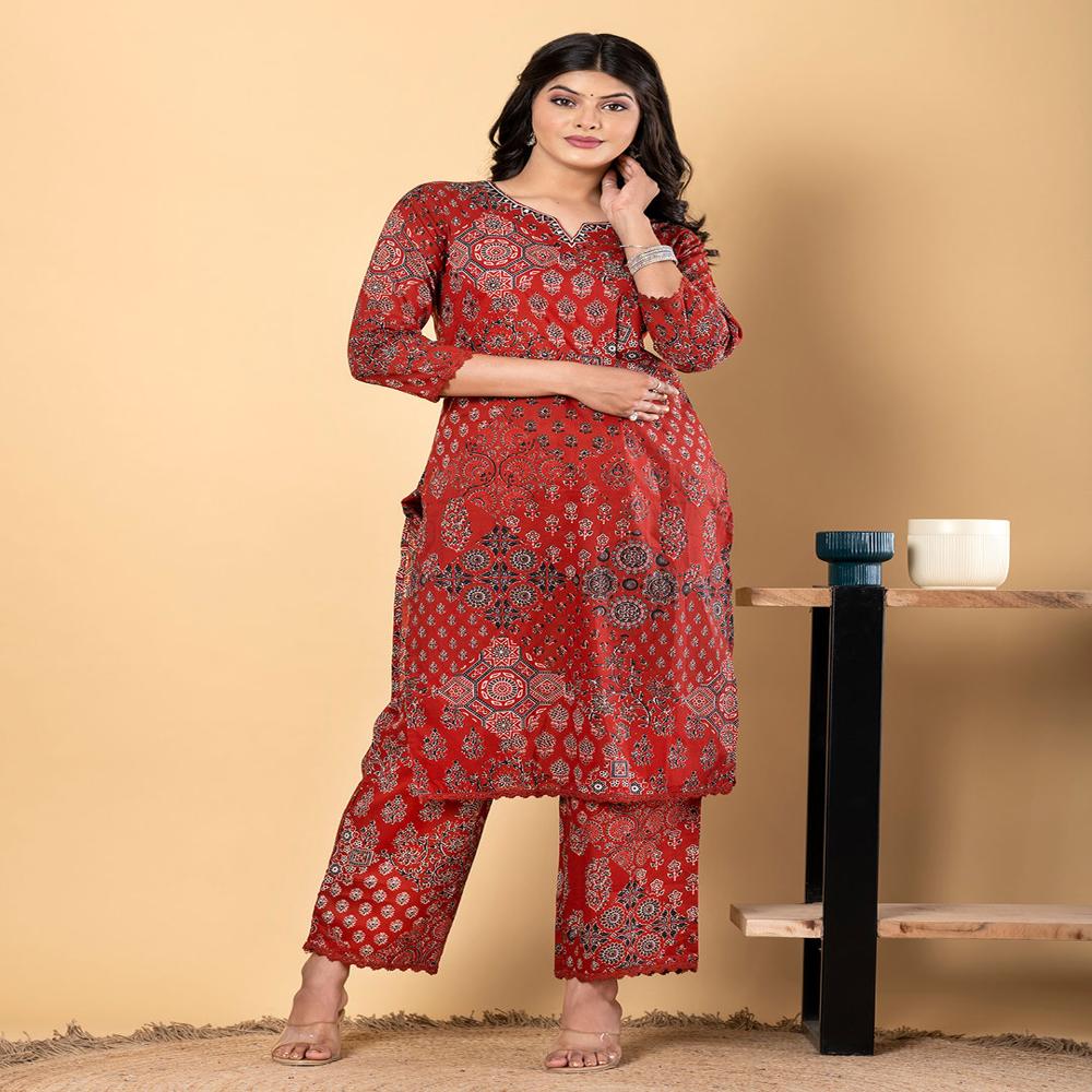 Straight Style Cotton Fabric Maroon Color Kurta And Bottom 
