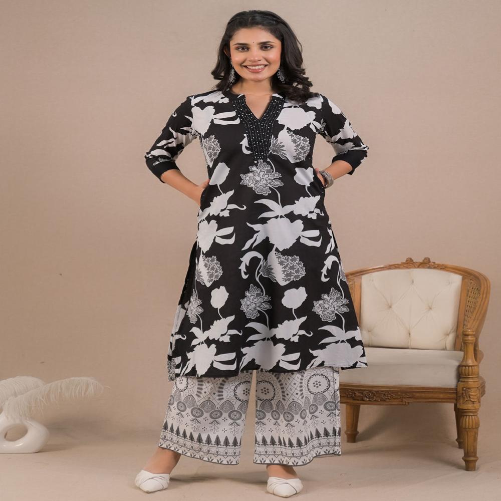 Straight Style Cotton Fabric Black Color Kurta And Bottom 