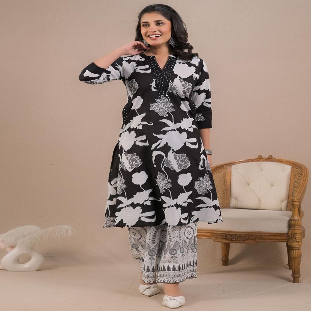 Straight Style Cotton Fabric Black Color Kurta And Bottom 