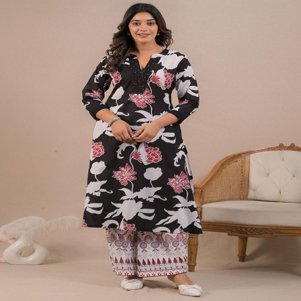 Straight Style Cotton Fabric Black Color Kurta And Bottom 