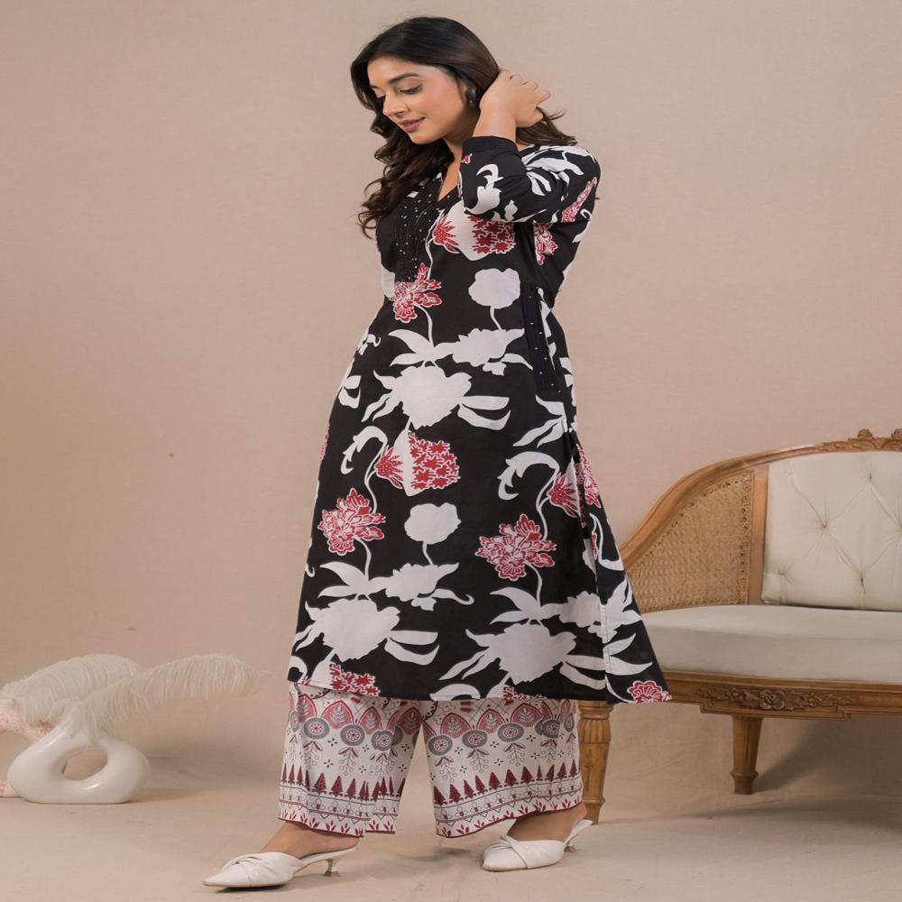 Straight Style Cotton Fabric Black Color Kurta And Bottom 