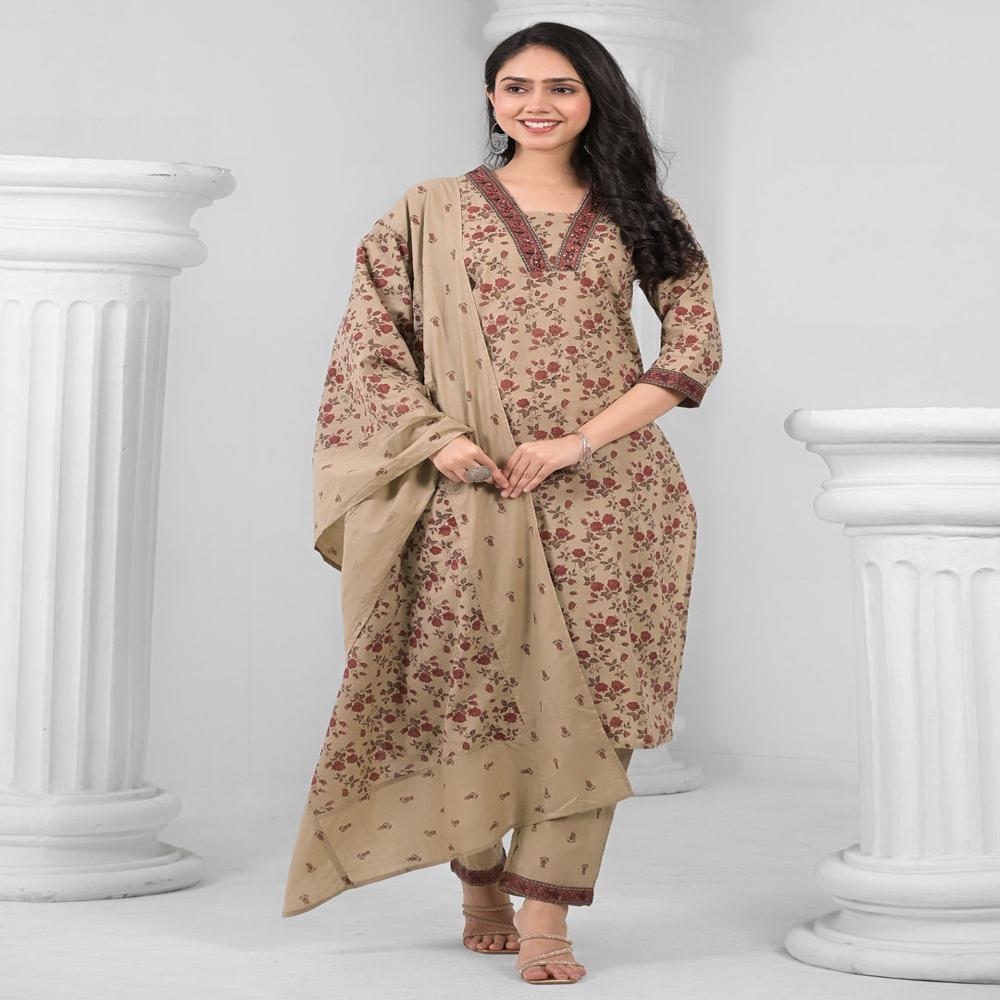 Straight Style Cotton Fabric Beige Color Kurta And Bottom With Dupatta