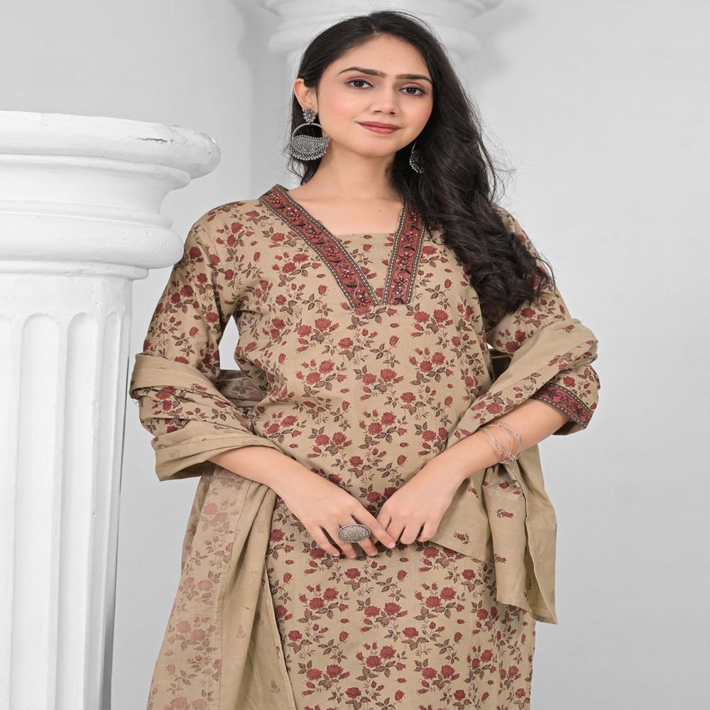 Straight Style Cotton Fabric Beige Color Kurta And Bottom With Dupatta