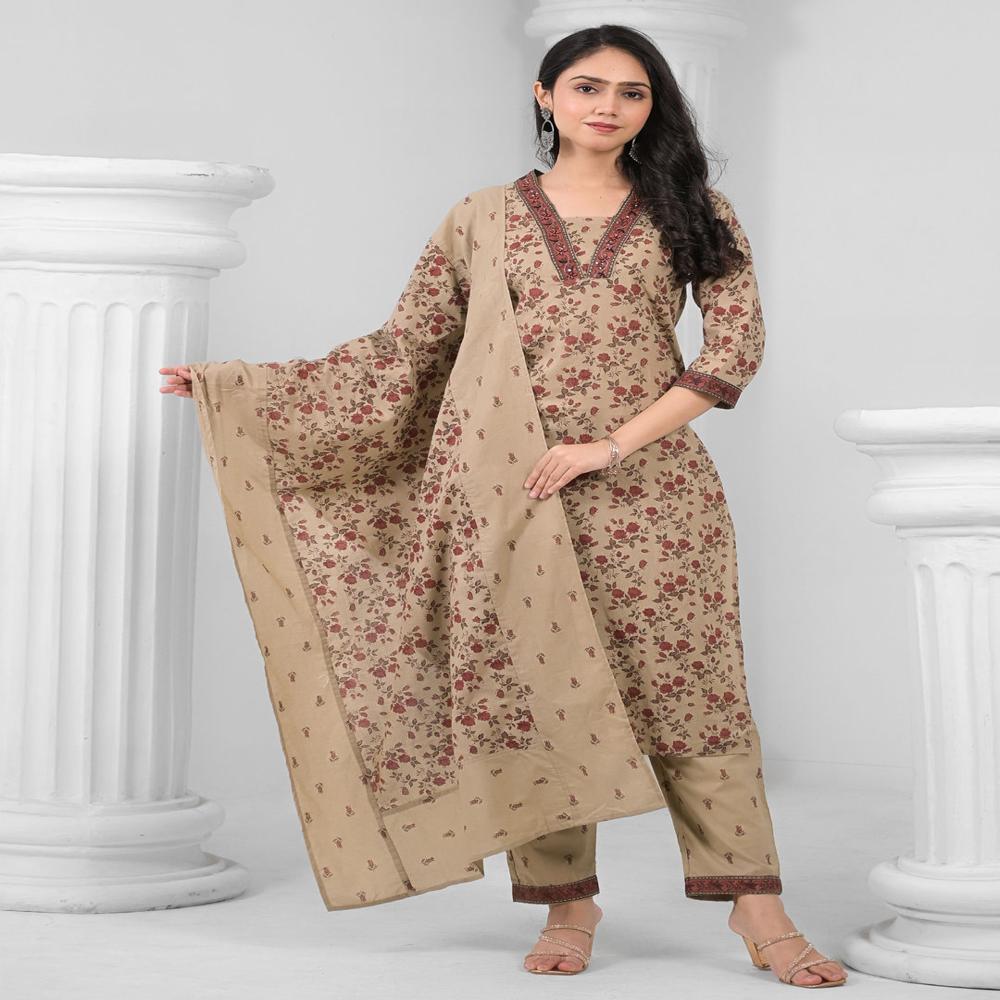 Straight Style Cotton Fabric Beige Color Kurta And Bottom With Dupatta