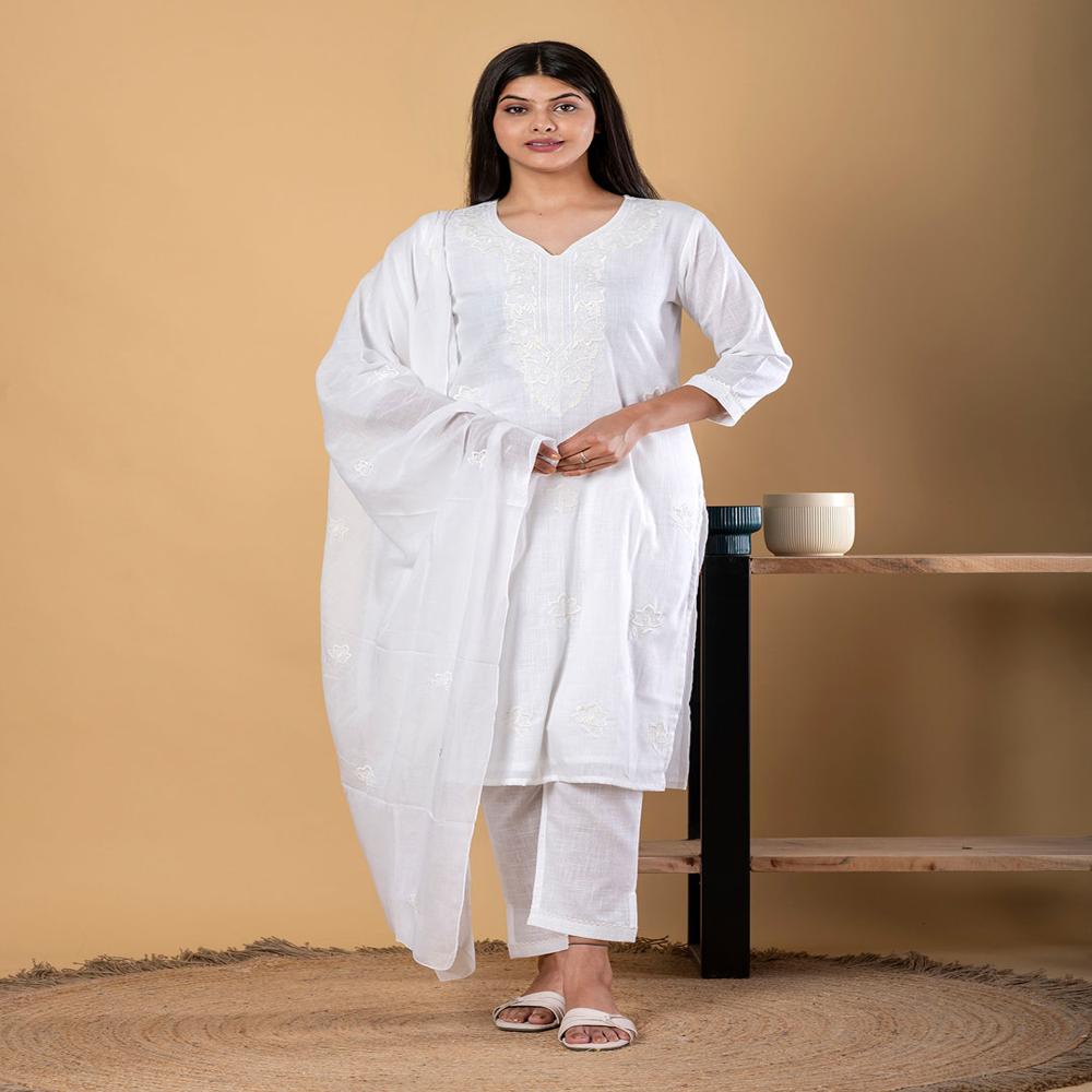 Straight Style Linen Fabric White Color Kurta And Bottom With Dupatta