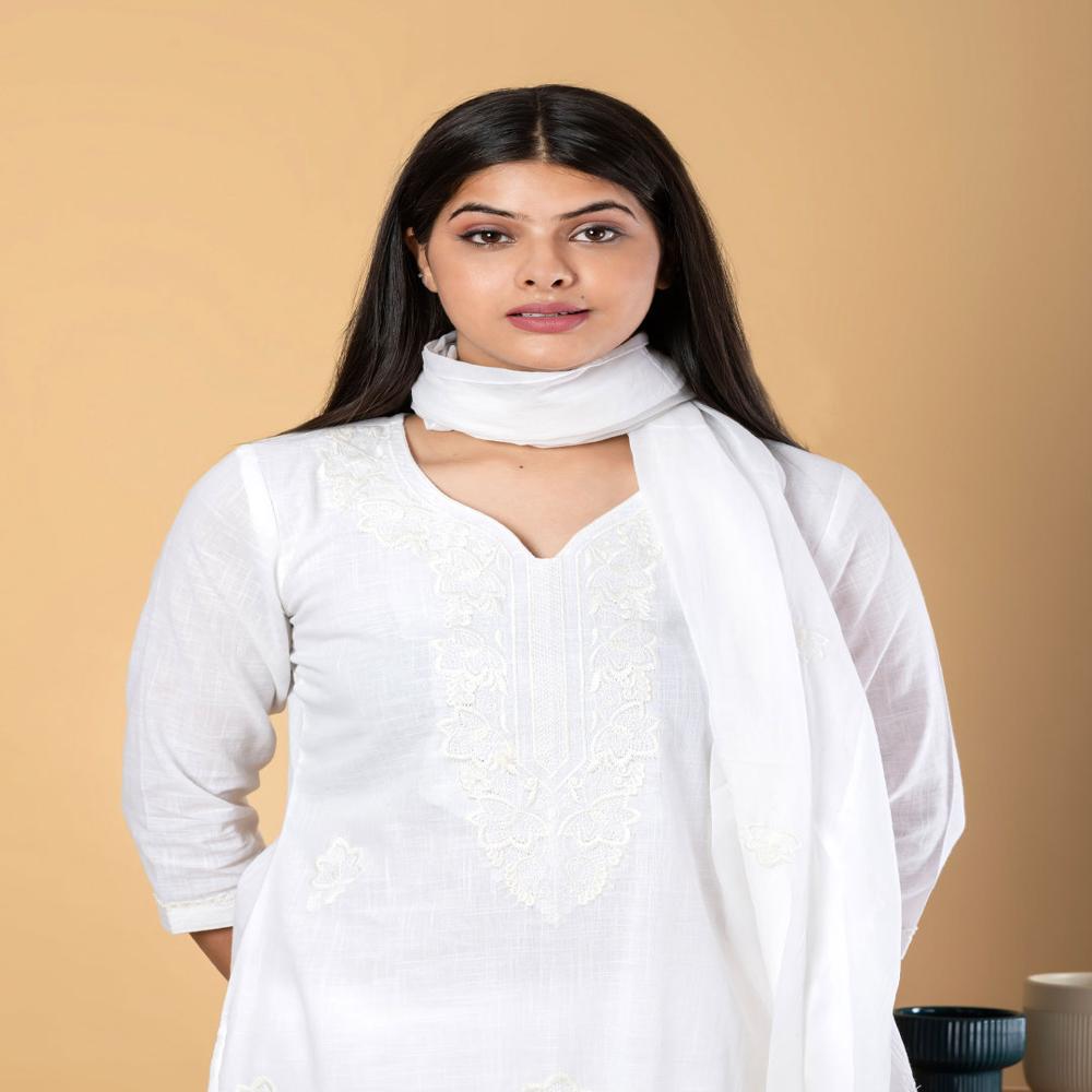 Straight Style Linen Fabric White Color Kurta And Bottom With Dupatta