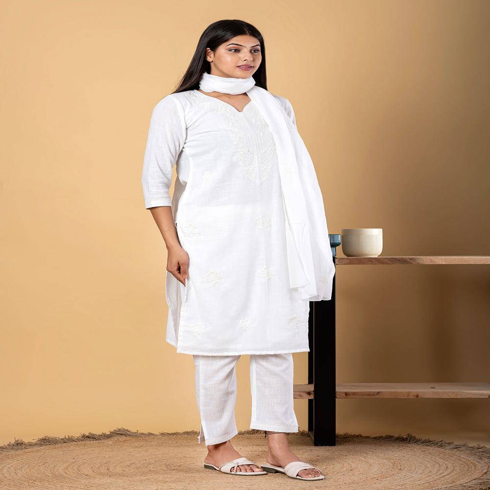 Straight Style Linen Fabric White Color Kurta And Bottom With Dupatta