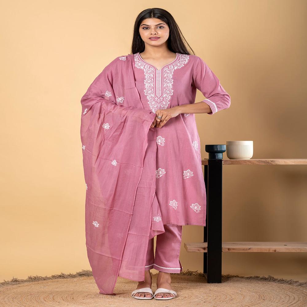 Straight Style Linen Fabric Mauve Color Kurta And Bottom With Dupatta