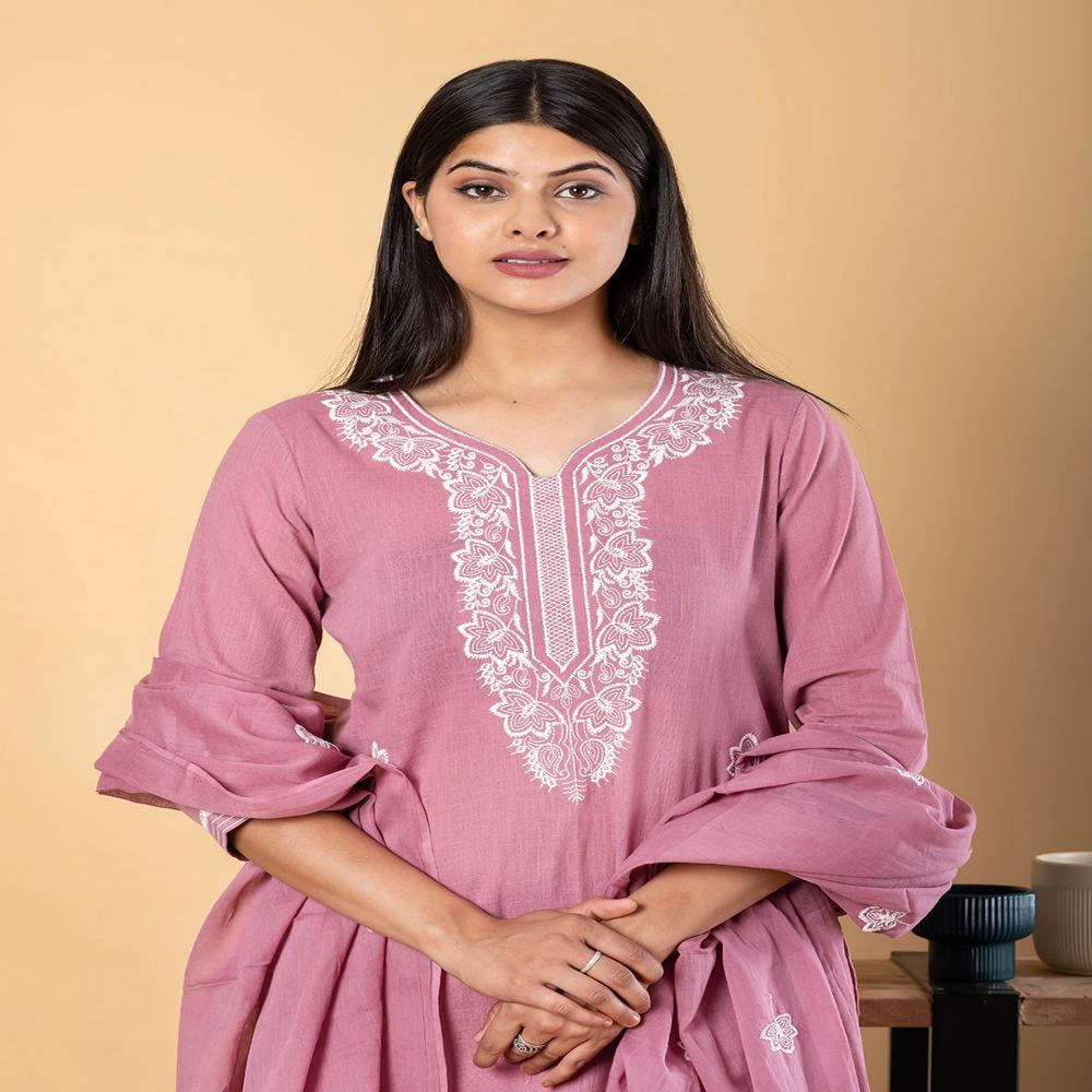 Straight Style Linen Fabric Mauve Color Kurta And Bottom With Dupatta