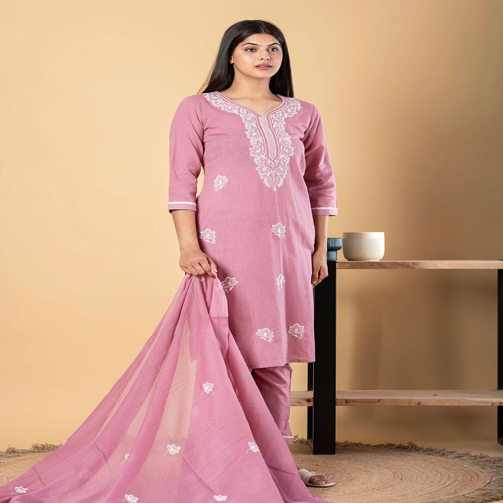Straight Style Linen Fabric Mauve Color Kurta And Bottom With Dupatta