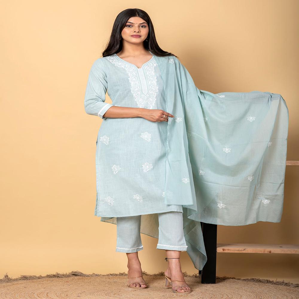 Straight Style Linen Fabric Blue Color Kurta And Bottom With Dupatta