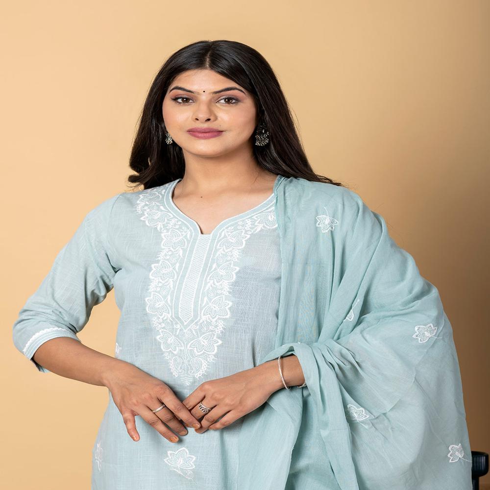 Straight Style Linen Fabric Blue Color Kurta And Bottom With Dupatta