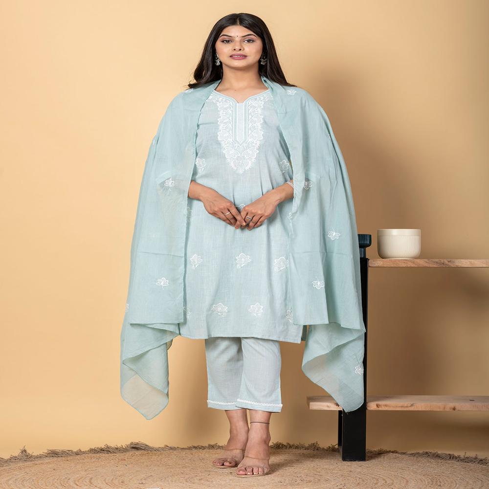 Straight Style Linen Fabric Blue Color Kurta And Bottom With Dupatta