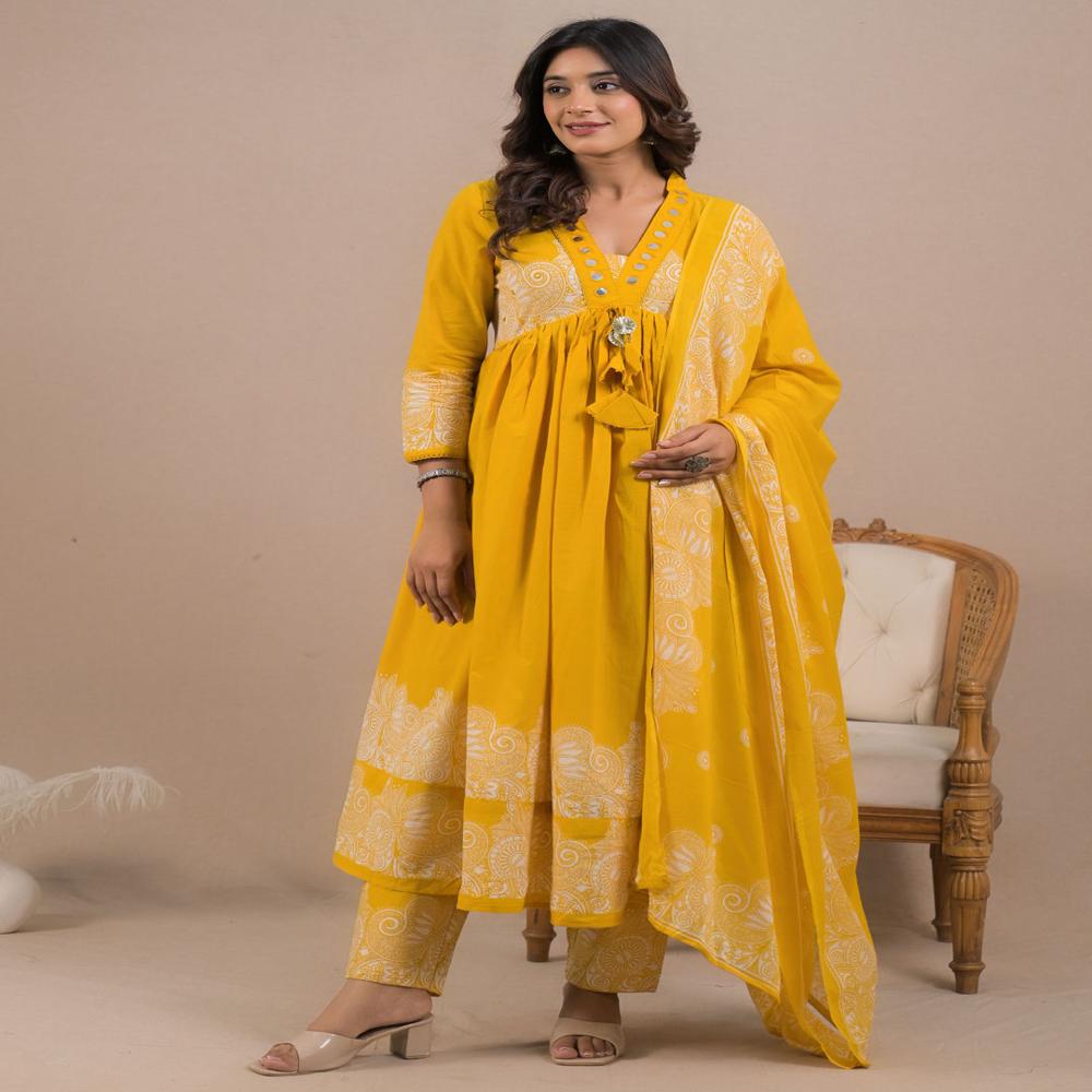 Anarkali Style Cotton Fabric Mustard Color Kurta And Bottom With Dupatta