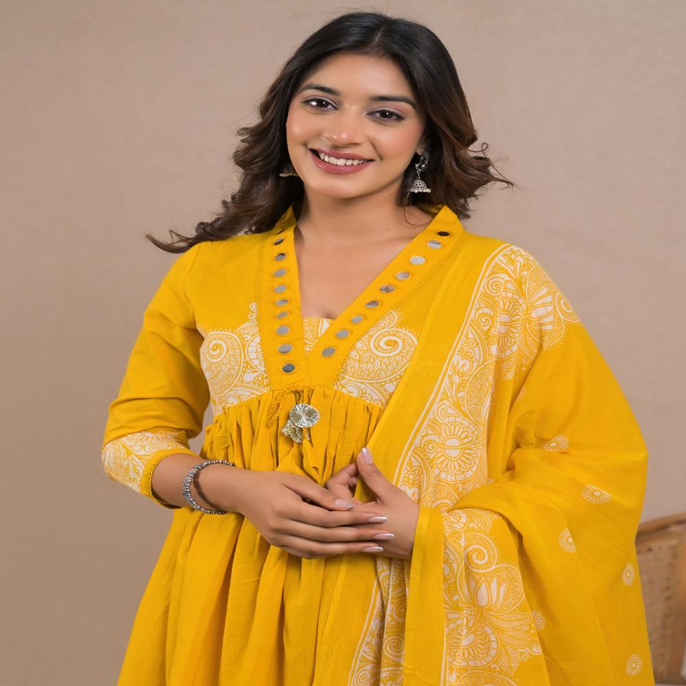 Anarkali Style Cotton Fabric Mustard Color Kurta And Bottom With Dupatta