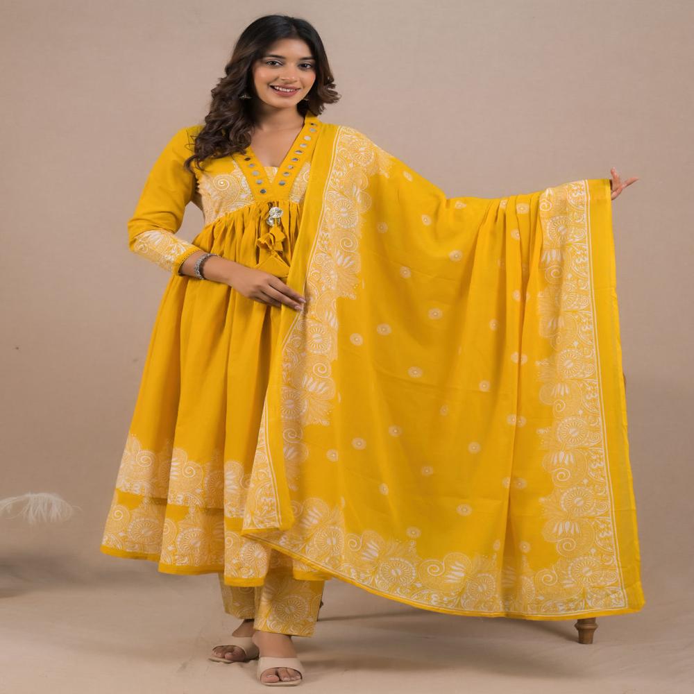 Anarkali Style Cotton Fabric Mustard Color Kurta And Bottom With Dupatta